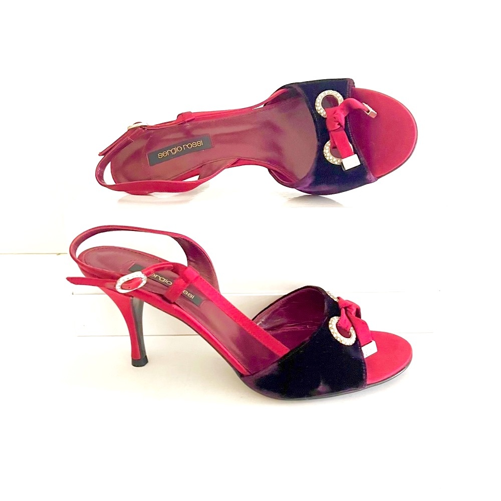 Sergio Rossi deep red velvet heeled sandals 38